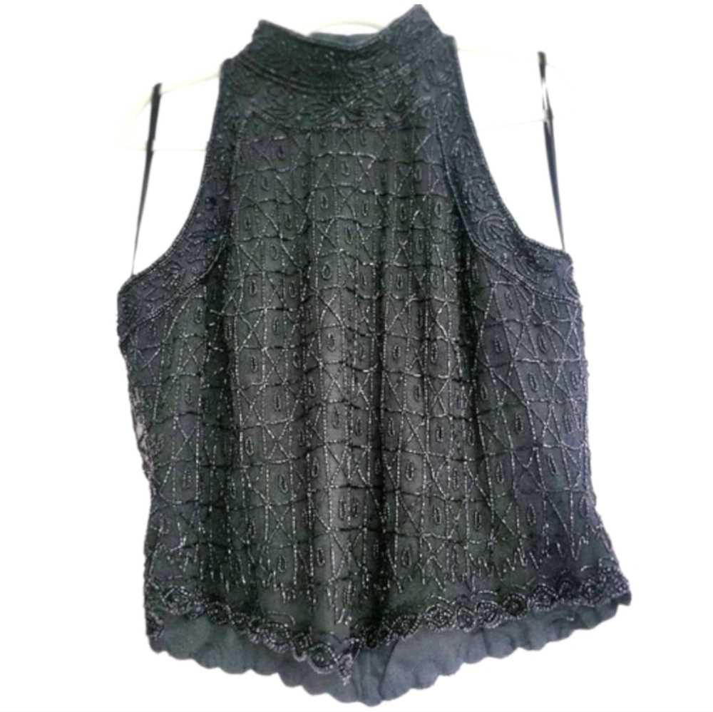 Vintage Cote d' Azur Evening Black Beaded silk halter top Size XL